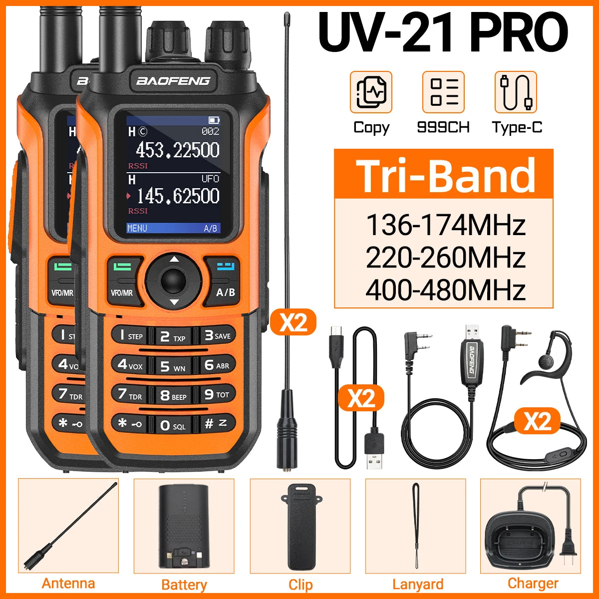 2x Baofeng UV-21 PRO Walkie Talkie Long Range Wireless Copy Frequency Type-C Charger Tri band Powerful Waterproof Two Way Radio