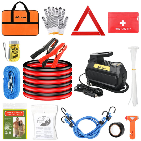 Nilight Car Emergency Kit with Jumper Cable, First Aid Kit Safety Assistance Tools for Travel Camping Outdoor Cars Truck SUV RV, Roadside Essentials with Flash Light