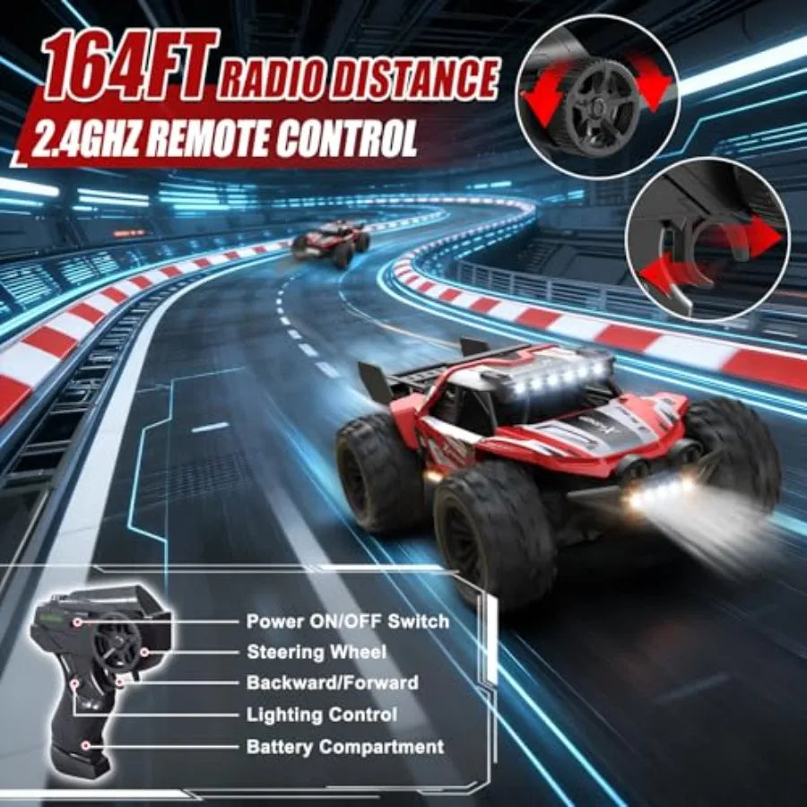Remote Control Car For Outdoor Play, ABS Plastic, Red, 4WD High Speed 30+ KPH With 2.4GHz Control, LED Lights And Dual Recharge