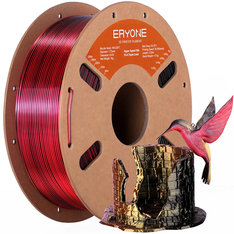 ERYONE 1KG Silk Triple Color Series PLA 3D Printer Filament 1.75mm, Tri-Color Coextrusion Silky Shiny Finish, 1kg Spool