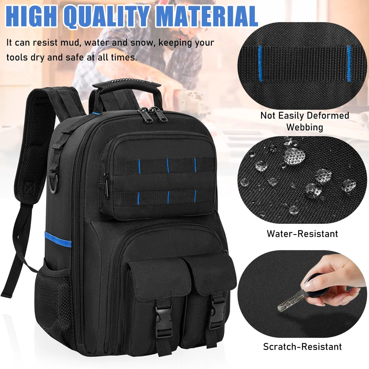 Heavy-Duty Zipper Tool Backpack with Premium YKK Zippers and Reinforced Stress Points.Crafted from Durable 900D Polyester with Padded Back Panel and Ergonomic Shoulder Straps.Internal Organizer Features 10 Tool Pouches and 6