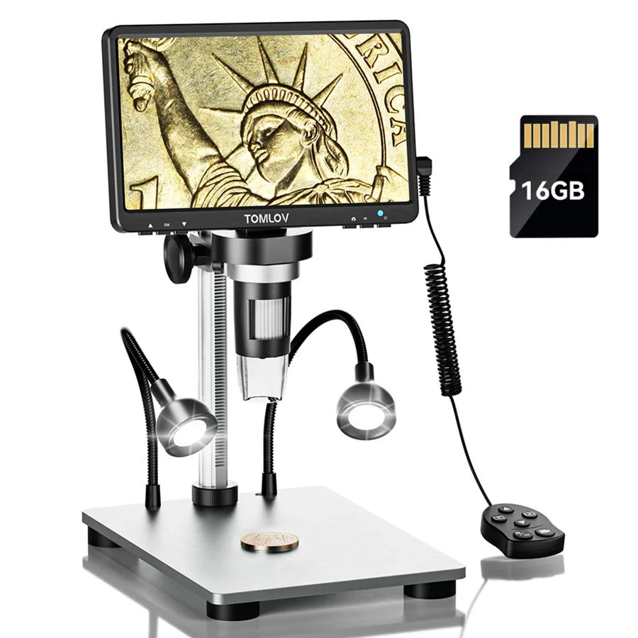 TOMLOV 7" Electronic Solding Microscope 1200X Zoom Digital Microscope DM9 12MP HD Coin Microscope Camere Phone Repair Magnifier Tool