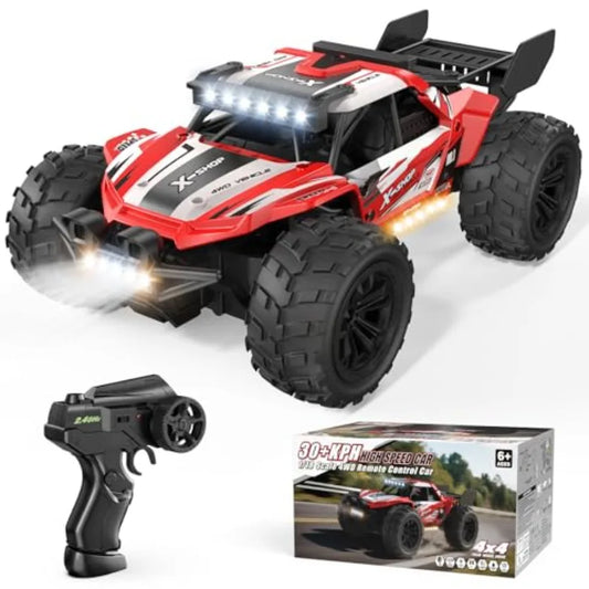 Remote Control Car For Outdoor Play, ABS Plastic, Red, 4WD High Speed 30+ KPH With 2.4GHz Control, LED Lights And Dual Recharge