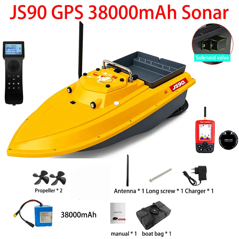 JS90 12V GPS Bait Boat 280m/1 Minute 100 Fishing Spots Load 3KG Automatic Cruise Return 3-speed Adjustment Night Fishing Boat