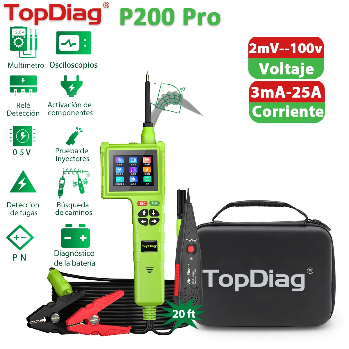 Topdiag P200 Pro Circuit System Tester 9V-48V Power Circuit Probe Kit Vehicle Leakage Detection Oscilloscope Diagnostic Tool