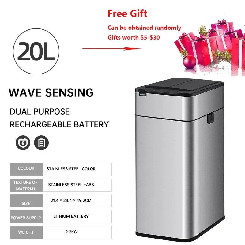 9/15/20/30/40/50/60L Garbage Bin Large-capacity Stainless Steel Smart Sensor Trash Can Automatic Waste Bins Kitchen Trash Can