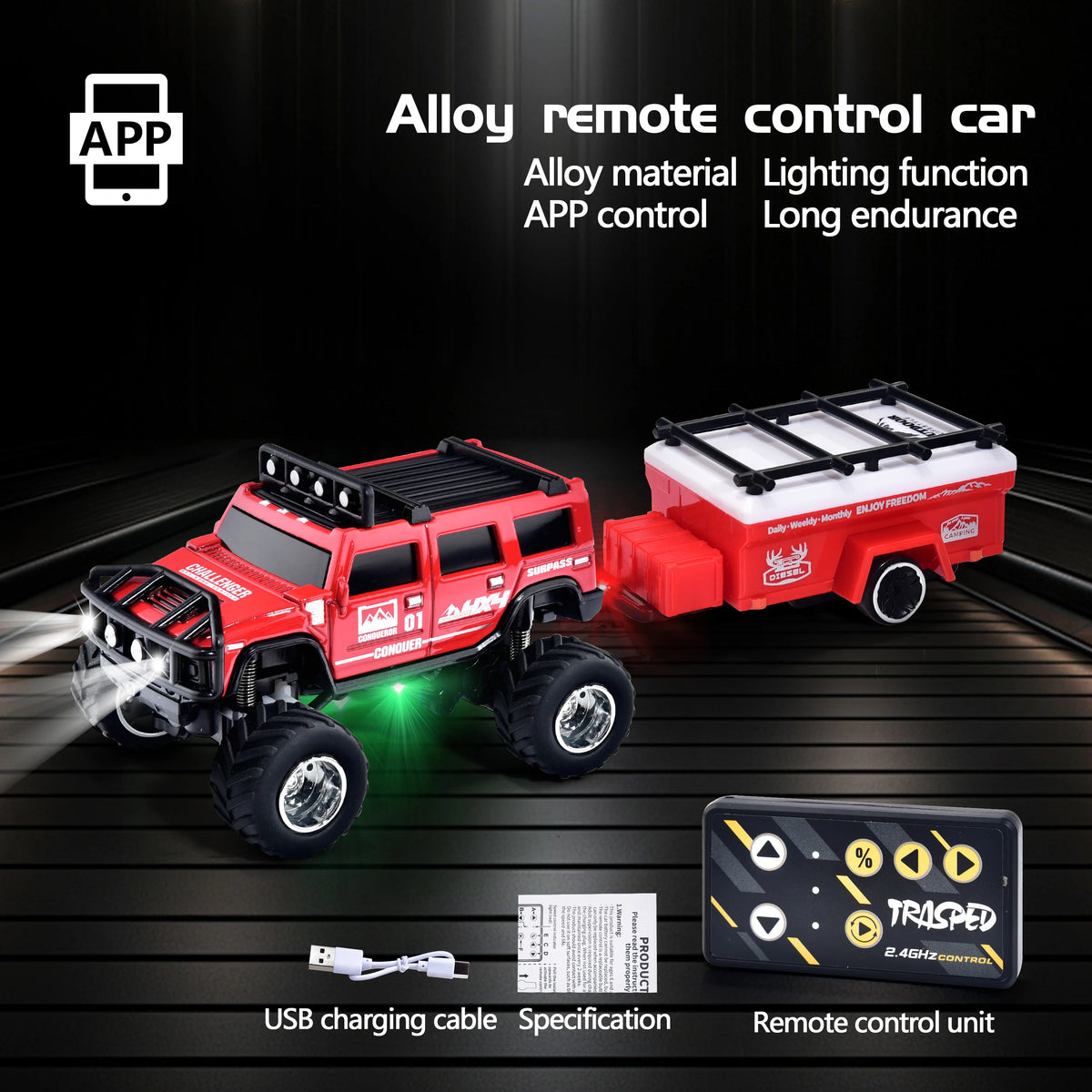 Hotfree 1/64 Mini RC Monster Truck, Metal Off-Road Stomper with Trailer, 2.4GHz Remote Control All-Terrain Vehicle, 3-Speed Adjustable, USB-C Rechargeable, Desktop Play, Indoor Outdoor Racing Toy, Fun Birthday Christmas Gift