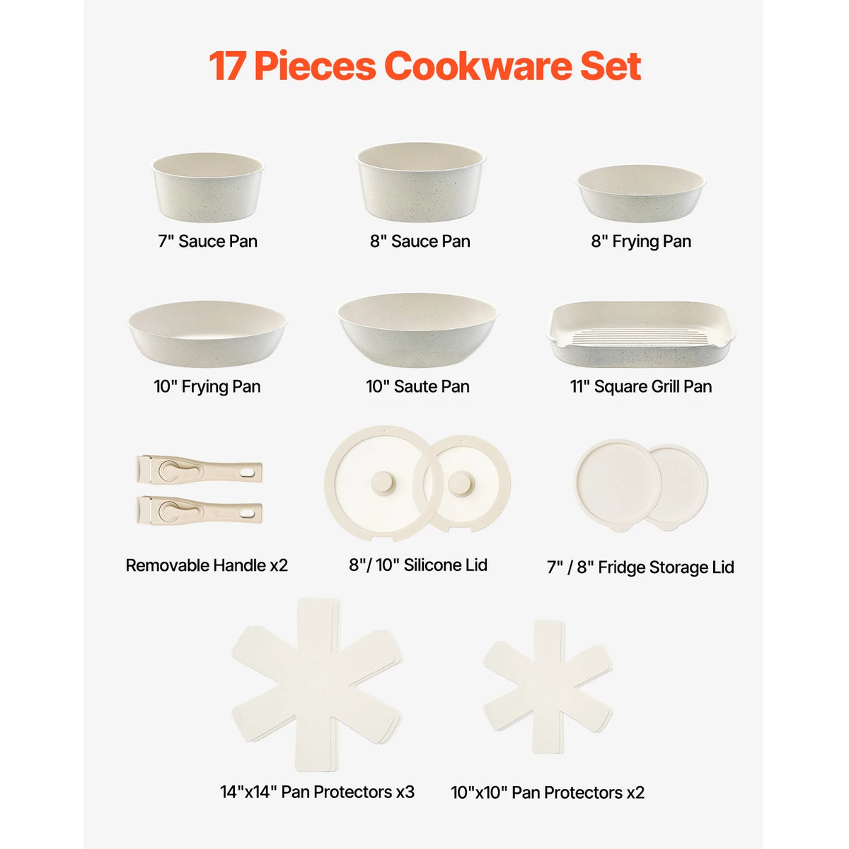 SucceBuy 17 Piece Pots and Pans Set Nonstick Detachable Handle Cookware Kitchen RV Cooking Sets, with Frying, Sauce, Saute Temp
