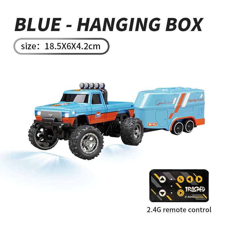 Hotfree 1/64 Mini RC Monster Truck, Metal Off-Road Stomper with Trailer, 2.4GHz Remote Control All-Terrain Vehicle, 3-Speed Adjustable, USB-C Rechargeable, Desktop Play, Indoor Outdoor Racing Toy, Fun Birthday Christmas Gift
