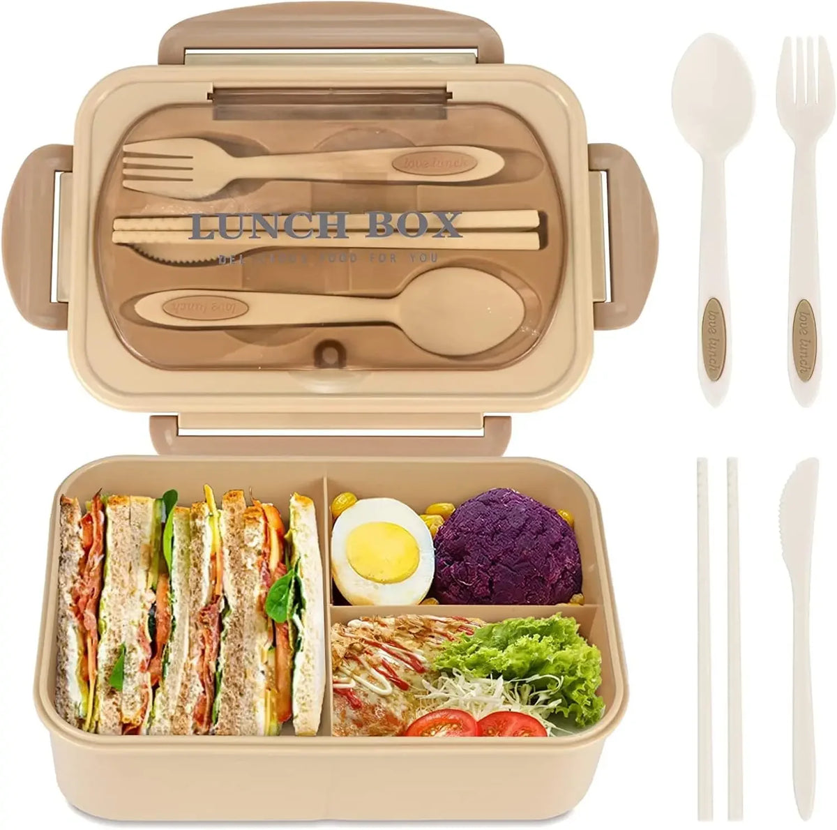 1200ML Bento Lunch Box For Adults Office Picnic, Leak-Resistant Container With Utensils, 3 Sections, Microwave-Safe ﻿