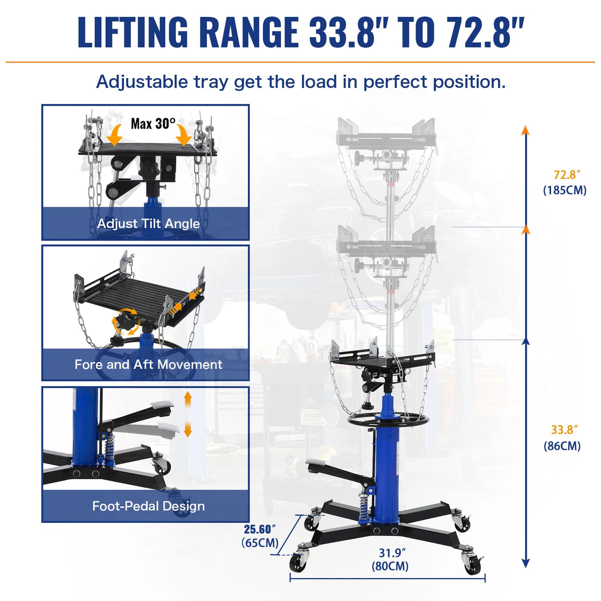 Hydraulic Transmission Jack 1322 LBS Capacity 2-Stage Telescoping Lift 33.5 in-69 in | Trans Jack Stand with Dual Plunger, 8 mm Non-Slip Pad, Foot Pedal & Swivel Wheels