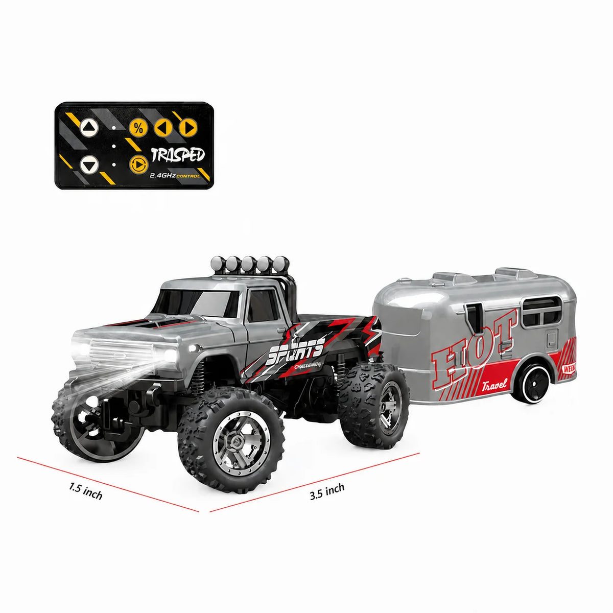 Hotfree 1/64 Mini RC Monster Truck, Metal Off-Road Stomper with Trailer, 2.4GHz Remote Control All-Terrain Vehicle, 3-Speed Adjustable, USB-C Rechargeable, Desktop Play, Indoor Outdoor Racing Toy, Fun Birthday Christmas Gift