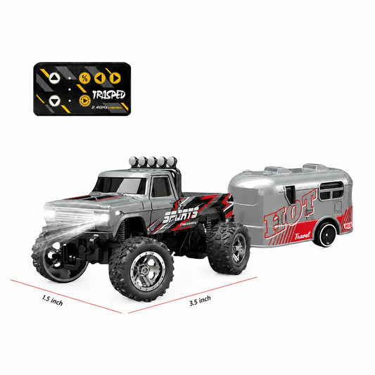 Hotfree 1/64 Mini RC Monster Truck, Metal Off-Road Stomper with Trailer, 2.4GHz Remote Control All-Terrain Vehicle, 3-Speed Adjustable, USB-C Rechargeable, Desktop Play, Indoor Outdoor Racing Toy, Fun Birthday Christmas Gift