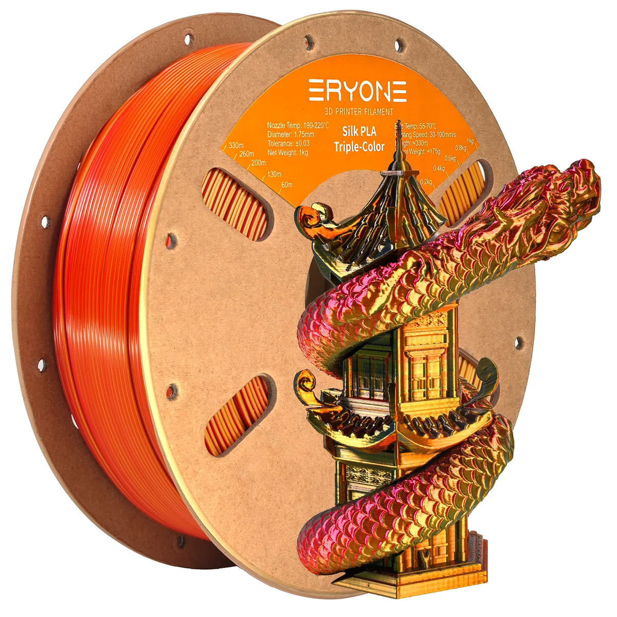 ERYONE 1KG Silk Triple Color Series PLA 3D Printer Filament 1.75mm, Tri-Color Coextrusion Silky Shiny Finish, 1kg Spool