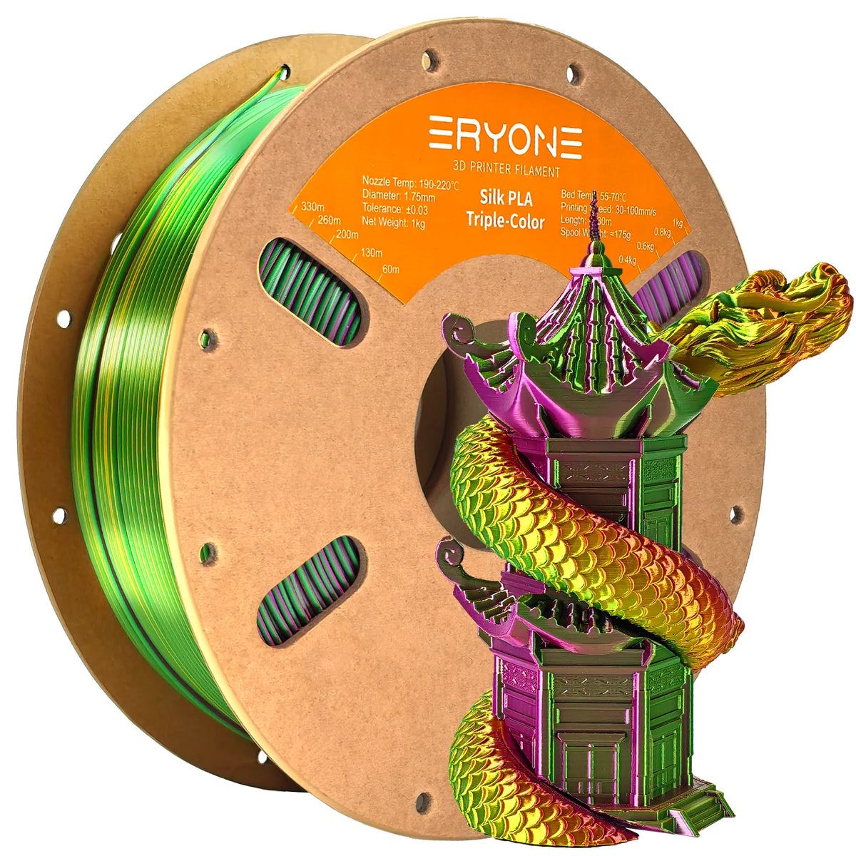ERYONE 1KG Silk Triple Color Series PLA 3D Printer Filament 1.75mm, Tri-Color Coextrusion Silky Shiny Finish, 1kg Spool