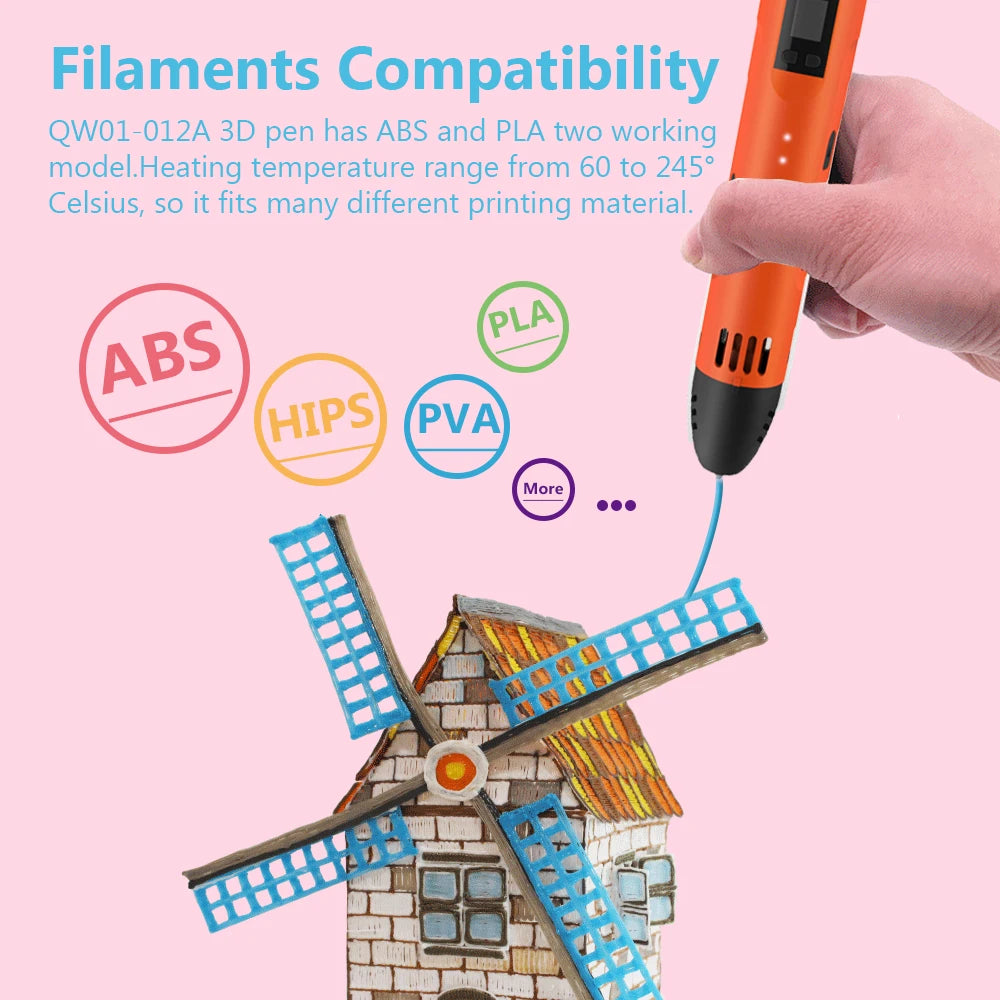 QCREATE 3D Pen Supports ABS PLA HIPS PVA 60-245 Degrees Celsius Range Temperature Adjustable LCD Display 8-Speed Regulation