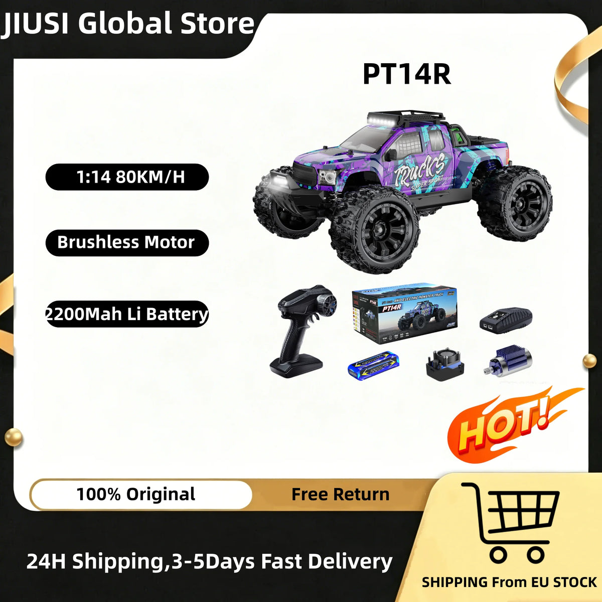 Local Shipping From US JIUSI 1/14 4WD PT14R Rc Car 4x4 Off-Road Rc Truck Brushless 3600KV 80km/h High-Speed 2.4G Remote Control 3S 35C 2200mAh Toy Car Rc Cars For Adults