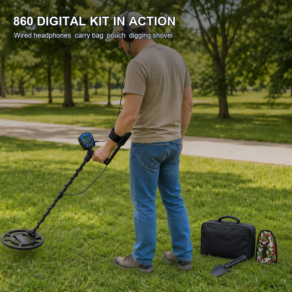 Metal Detector Kit for Adults Waterproof Search Coil Adjustable Stem Gold Coin Jewelry Treasure Finder with Headphones Carry Bag Analog Meter or Digital LCD for Beach Park Field Camping Outdoor Use