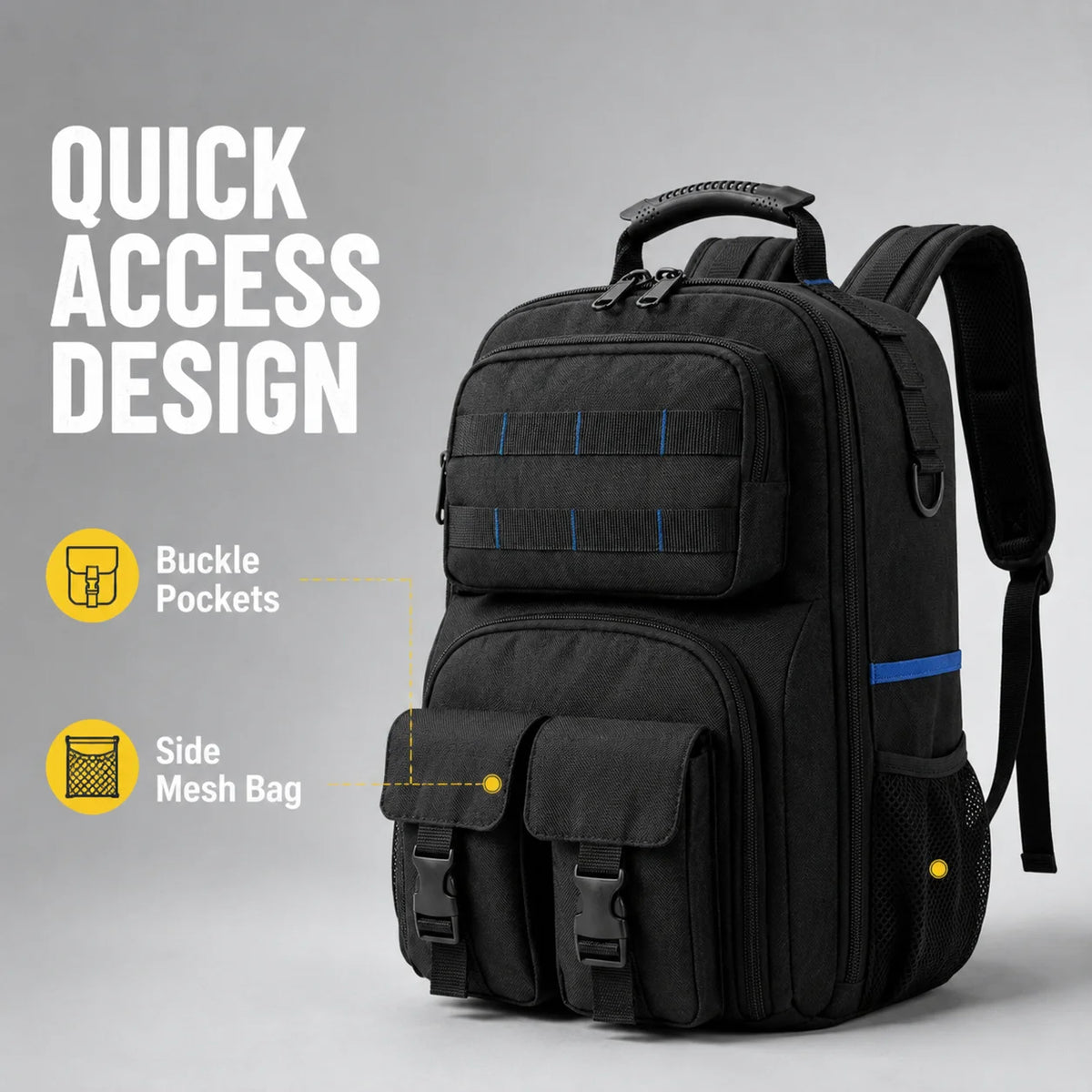 Heavy-Duty Zipper Tool Backpack with Premium YKK Zippers and Reinforced Stress Points.Crafted from Durable 900D Polyester with Padded Back Panel and Ergonomic Shoulder Straps.Internal Organizer Features 10 Tool Pouches and 6