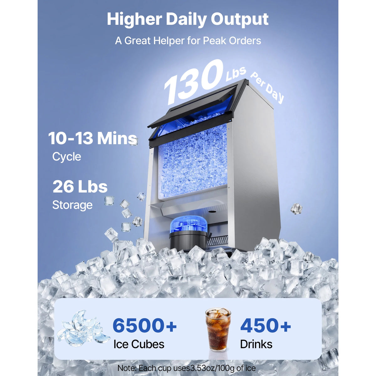 SucceBuy Commercial Ice Maker Machine 100 lbs/24h with 26 lbs Storage Capacity Built-in/Freestanding/Under Counter for Home Bar