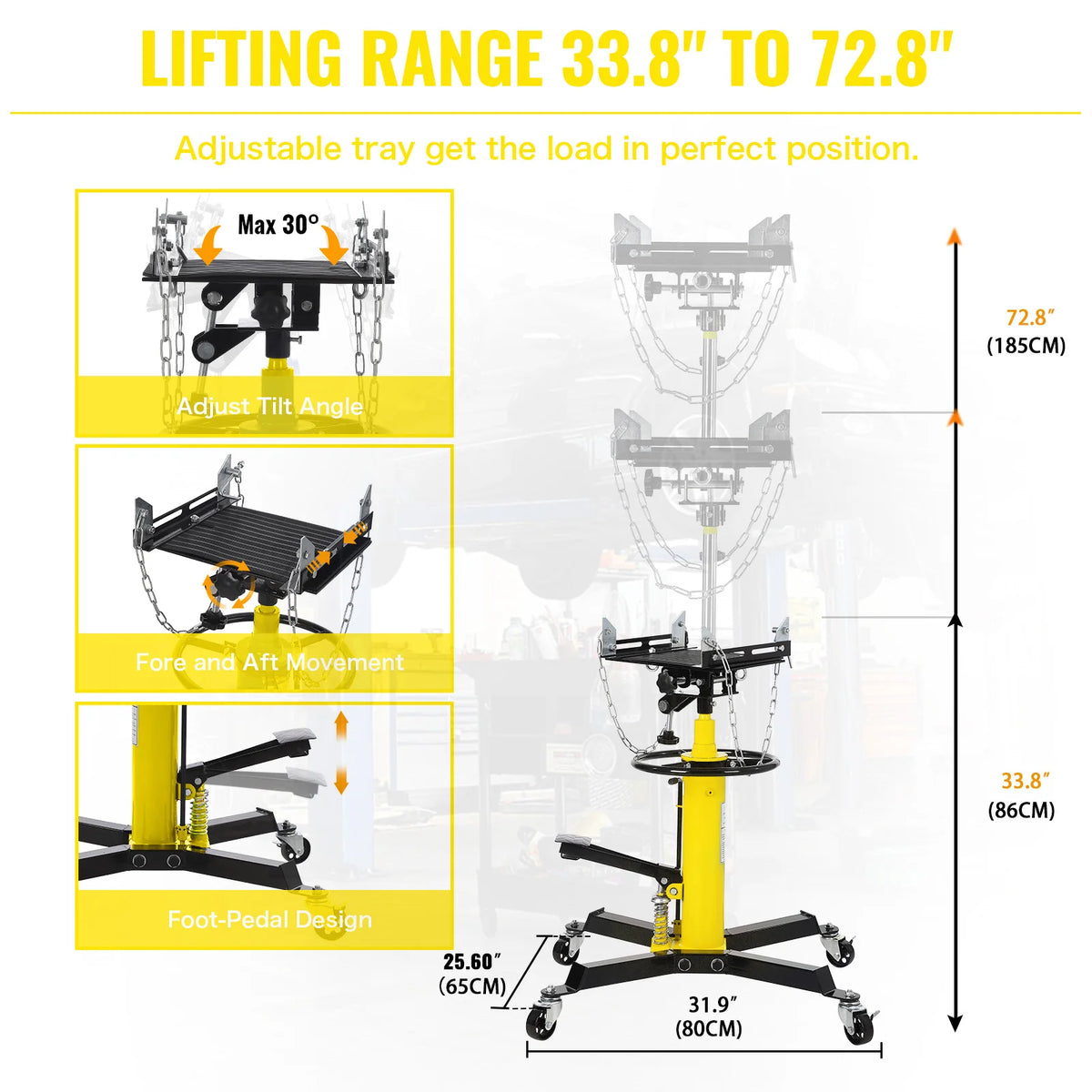 Hydraulic Transmission Jack 1322 LBS Capacity 2-Stage Telescoping Lift 33.5 in-69 in | Trans Jack Stand with Dual Plunger, 8 mm Non-Slip Pad, Foot Pedal & Swivel Wheels