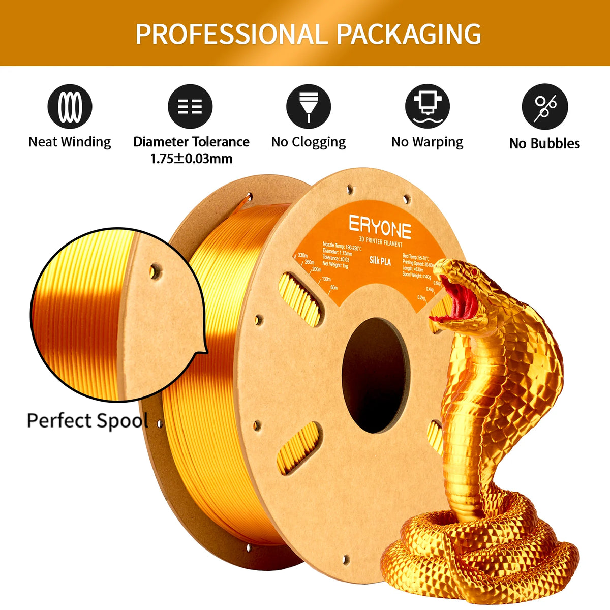 ERYONE 5kg Silk PLA Filament for 3D Printer 1.75mm +/- 0.03mm, Shiny Filament 1kg (2.1lbs)/Spool, Liquid Gold Compatible with Most 3D Printers