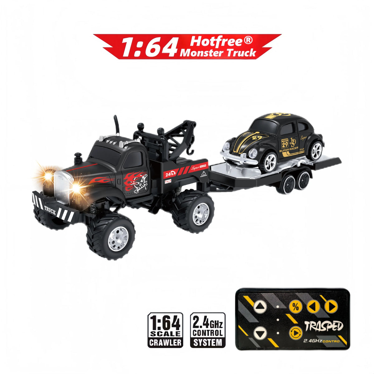Hotfree 1/64 Mini RC Monster Truck, Metal Off-Road Stomper with Trailer, 2.4GHz Remote Control All-Terrain Vehicle, 3-Speed Adjustable, USB-C Rechargeable, Desktop Play, Indoor Outdoor Racing Toy, Fun Birthday Christmas Gift