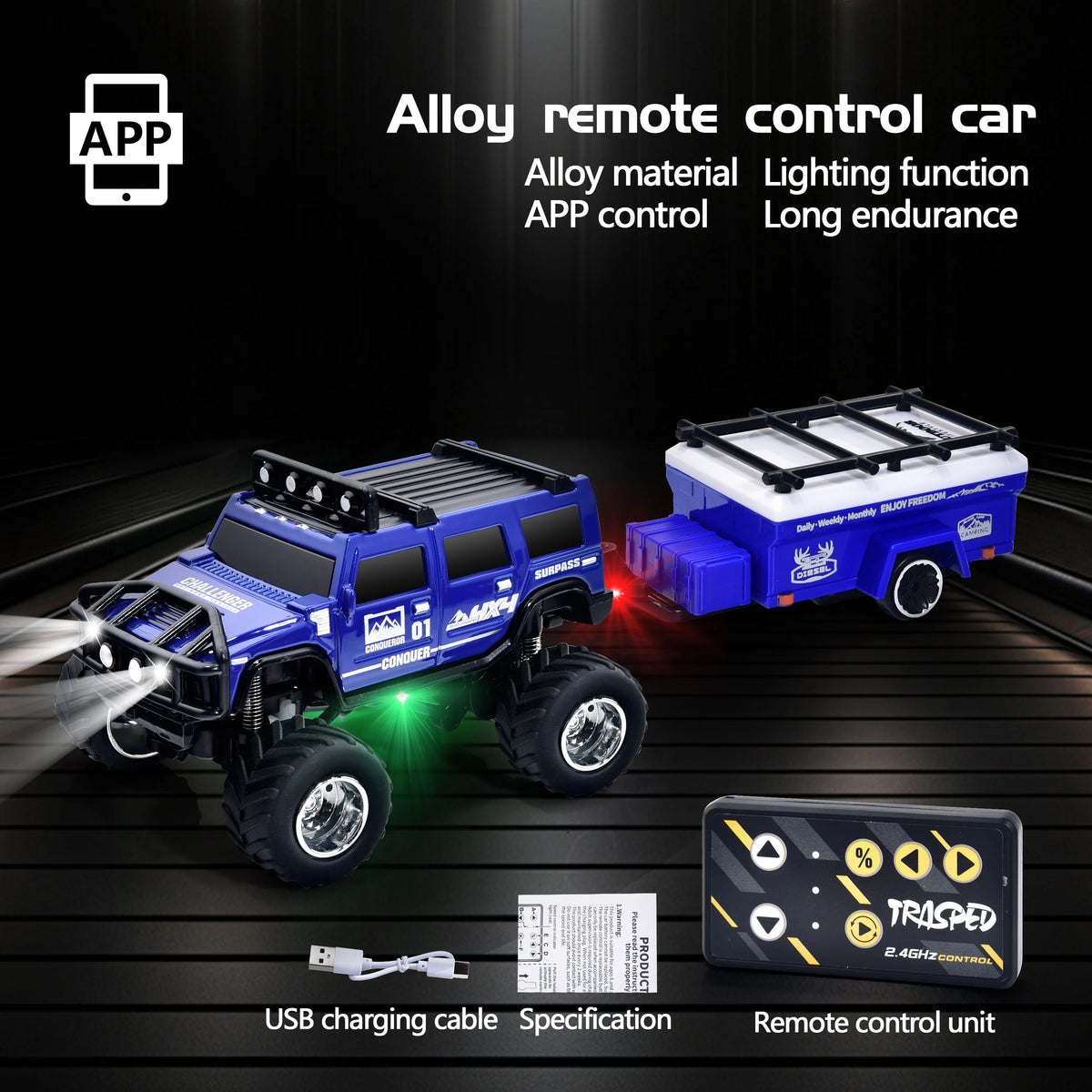 Hotfree 1/64 Mini RC Monster Truck, Metal Off-Road Stomper with Trailer, 2.4GHz Remote Control All-Terrain Vehicle, 3-Speed Adjustable, USB-C Rechargeable, Desktop Play, Indoor Outdoor Racing Toy, Fun Birthday Christmas Gift