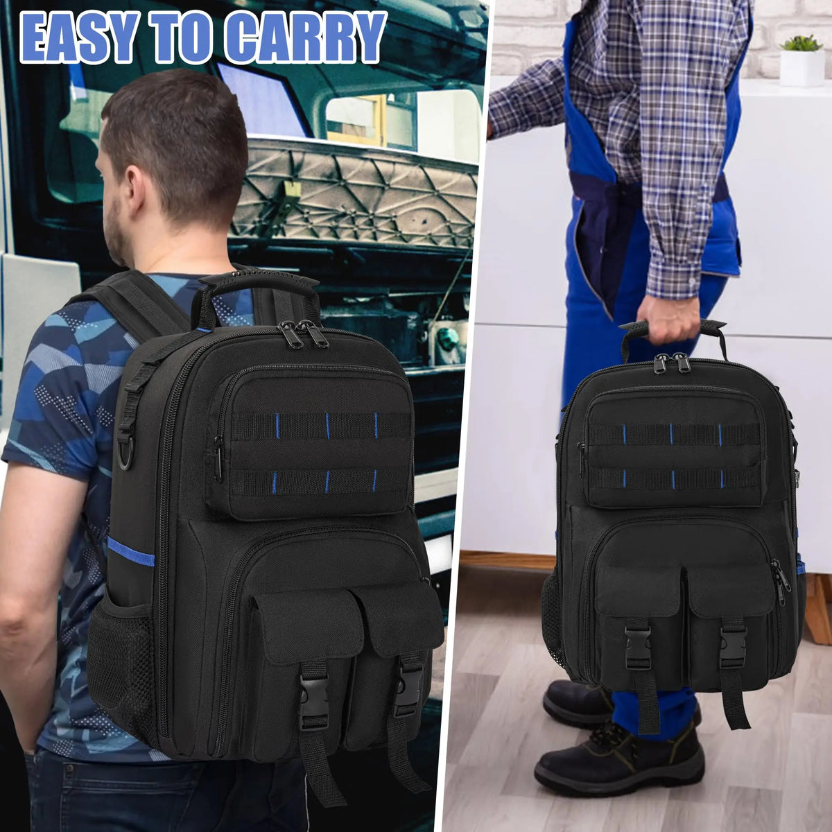 Heavy-Duty Zipper Tool Backpack with Premium YKK Zippers and Reinforced Stress Points.Crafted from Durable 900D Polyester with Padded Back Panel and Ergonomic Shoulder Straps.Internal Organizer Features 10 Tool Pouches and 6