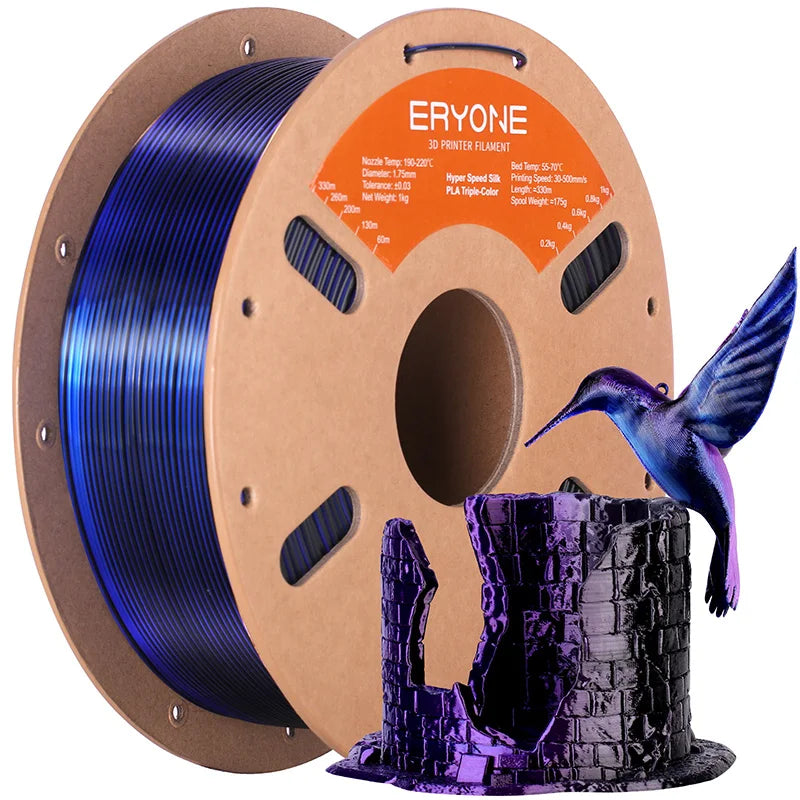 ERYONE 1KG Silk Triple Color Series PLA 3D Printer Filament 1.75mm, Tri-Color Coextrusion Silky Shiny Finish, 1kg Spool