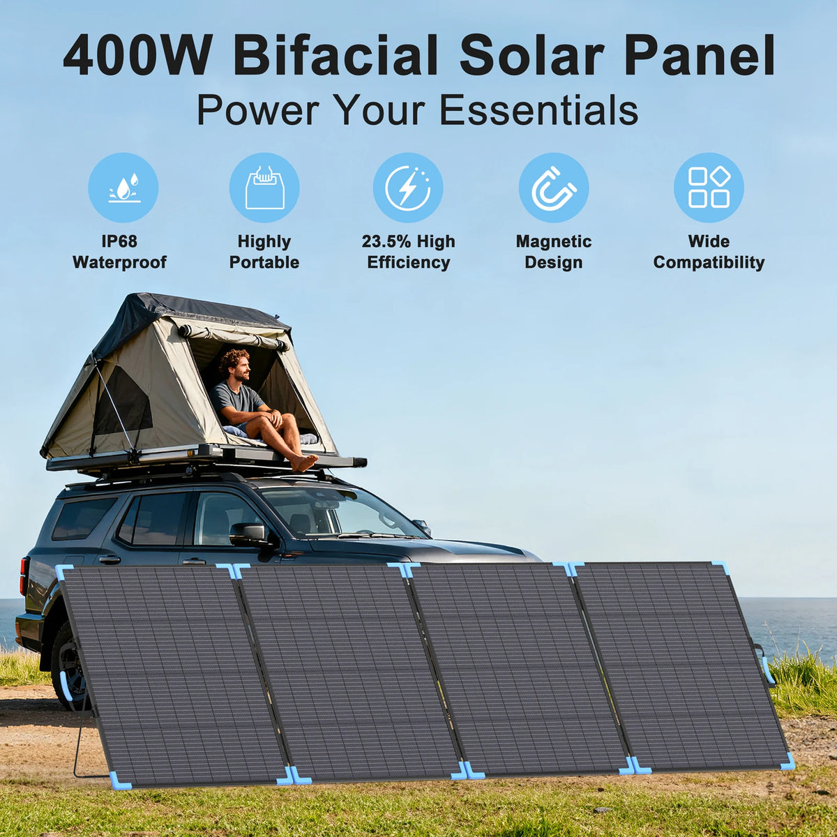 E-POWO Bifacial Foldable Solar Panel 110W/220W/400W Charger Solar with 23.4% Energy Conversion Rate For Car Boat Caravan Camping