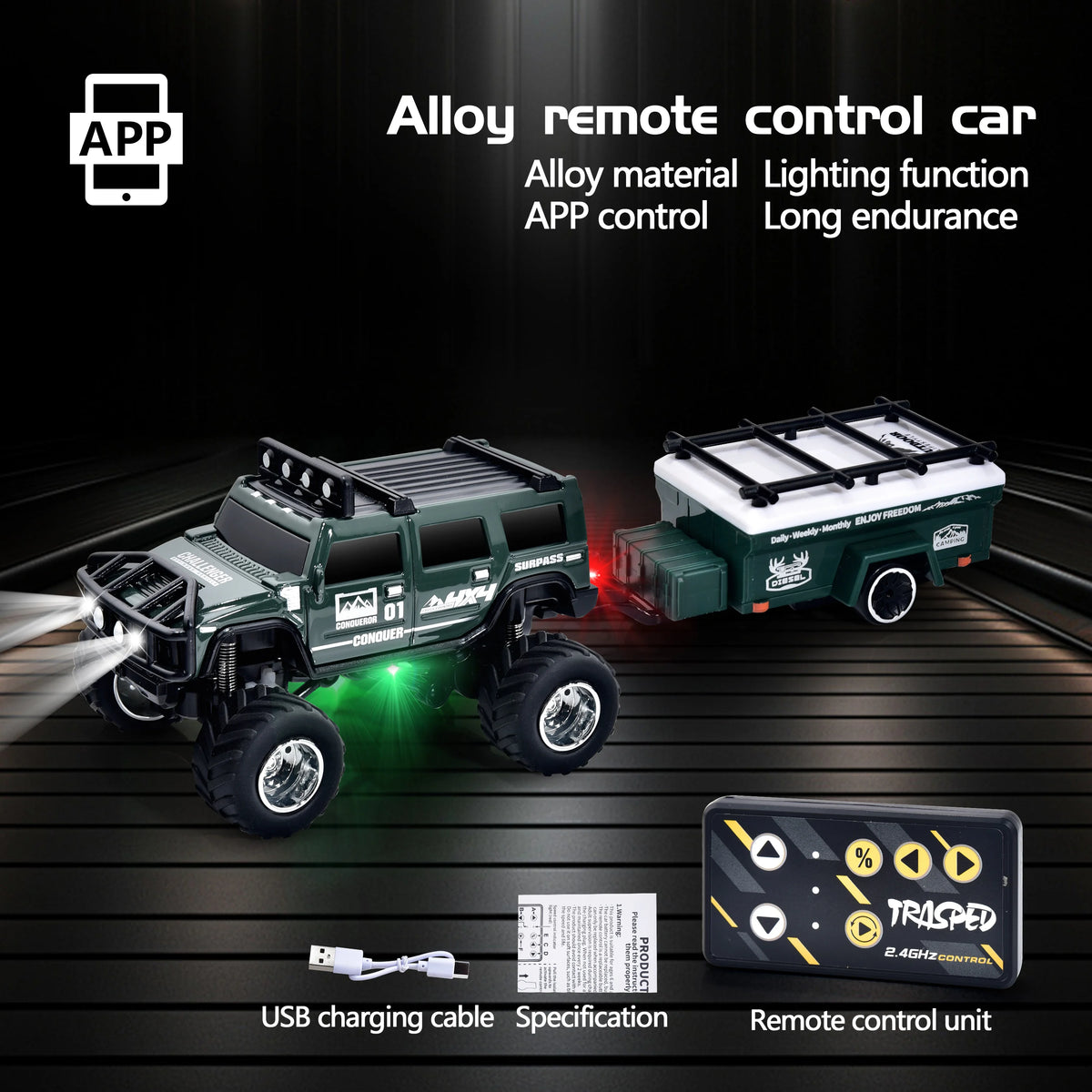 Hotfree 1/64 Mini RC Monster Truck, Metal Off-Road Stomper with Trailer, 2.4GHz Remote Control All-Terrain Vehicle, 3-Speed Adjustable, USB-C Rechargeable, Desktop Play, Indoor Outdoor Racing Toy, Fun Birthday Christmas Gift