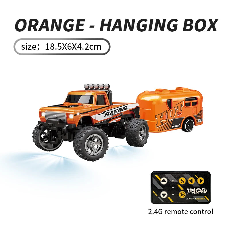 Hotfree 1/64 Mini RC Monster Truck, Metal Off-Road Stomper with Trailer, 2.4GHz Remote Control All-Terrain Vehicle, 3-Speed Adjustable, USB-C Rechargeable, Desktop Play, Indoor Outdoor Racing Toy, Fun Birthday Christmas Gift