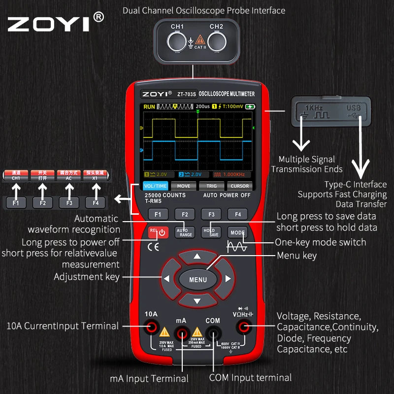 ZOYI Color Screen Handheld Dual-Channel Oscilloscope Multimeter 703s Auto Repair Instrument Multi-Function Measurement 3-in-1