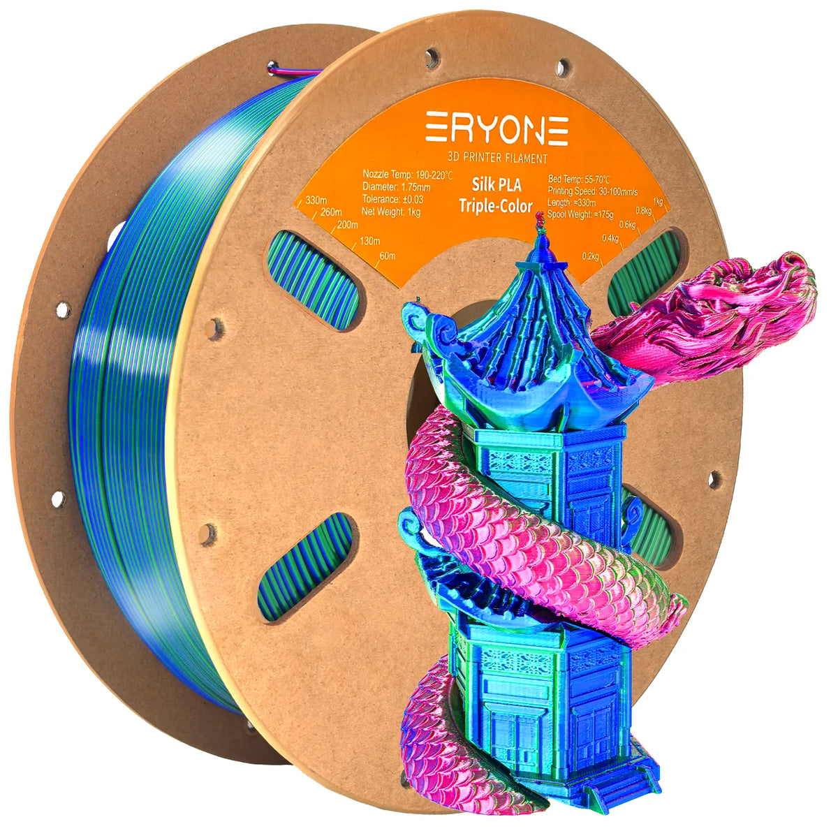 ERYONE 1KG Silk Triple Color Series PLA 3D Printer Filament 1.75mm, Tri-Color Coextrusion Silky Shiny Finish, 1kg Spool