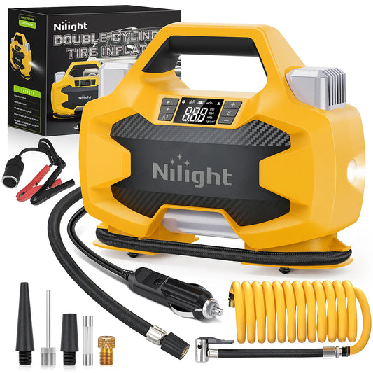 Nilight Portable DC 12V Heavy Duty Tire Inflator Dual Cylinders and Dual Motors Tire Pump 150PSI Air Pumps Auto Shutoff with Screen and LED Light Air Compressor for Pickup Truck ORVs SUVs Cars