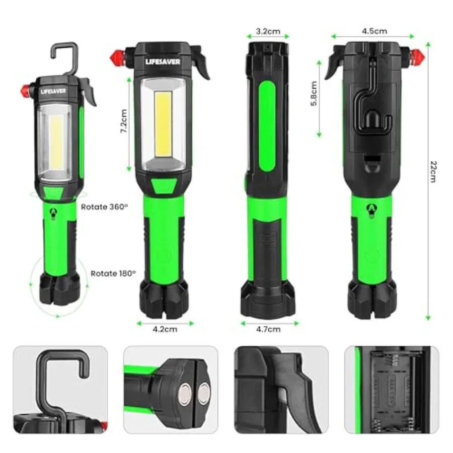 9-in-1 Emergency Auto Tool with LED Flashlight Multi-Function Car flashlight Kit with Three Lighting Modes, Window Glass Breake