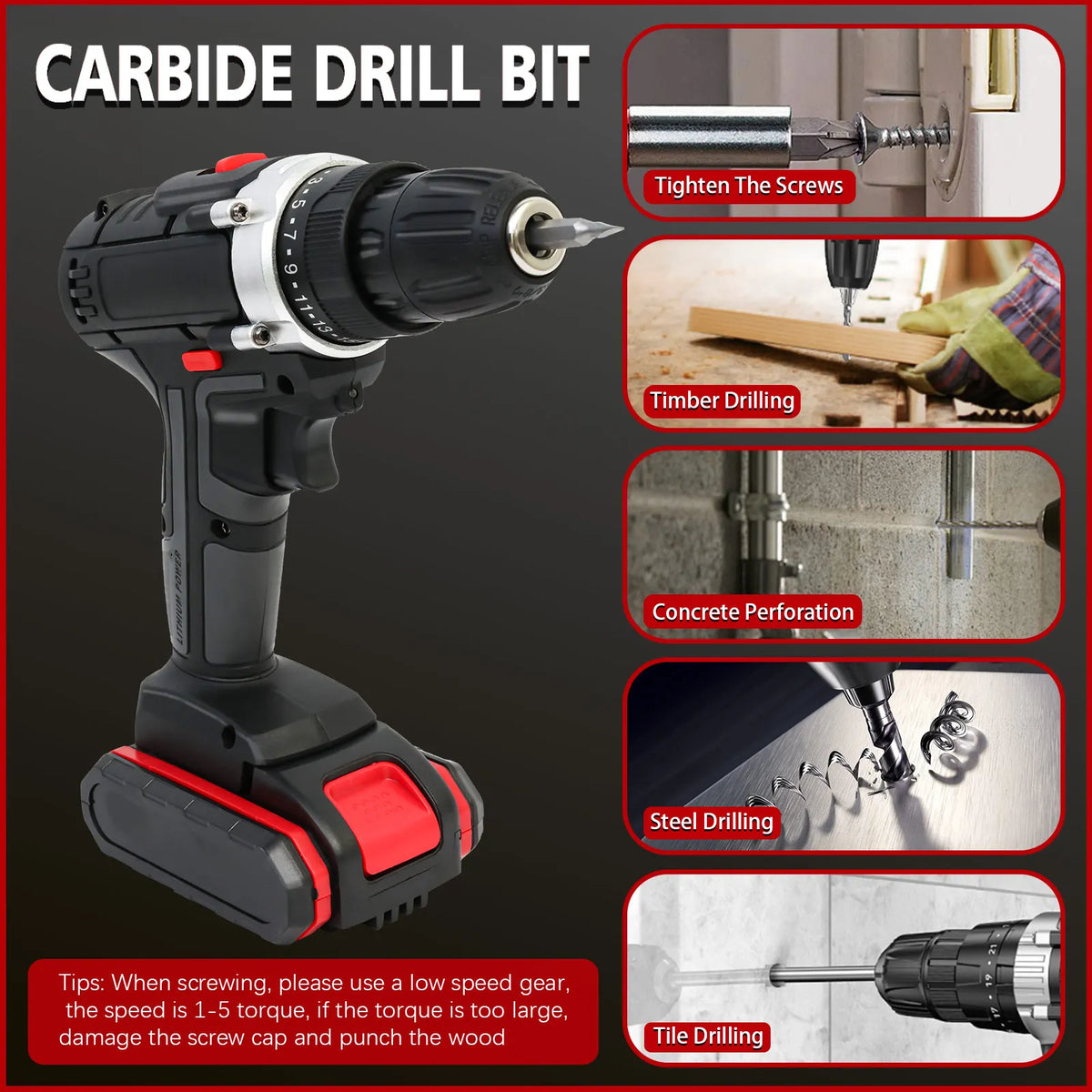 Cordless Drill Impact Driver 21V with 2 Batteries Lithium-Ion and Charger for Drilling Screw Tightening/Loosening Power Tool