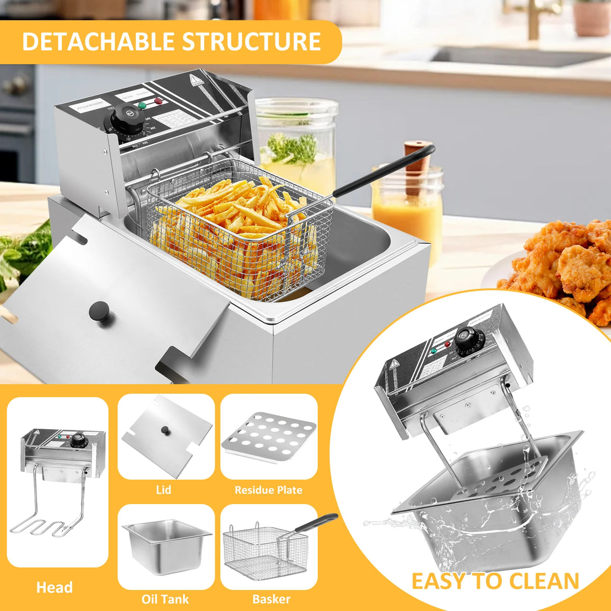 BHB Electric Deep Fryer with Basket for Home Use, Countertop Commercial Deep Fryer 1700w Powerful Performance Stainless Steel Oil Fryer, Temperature Control