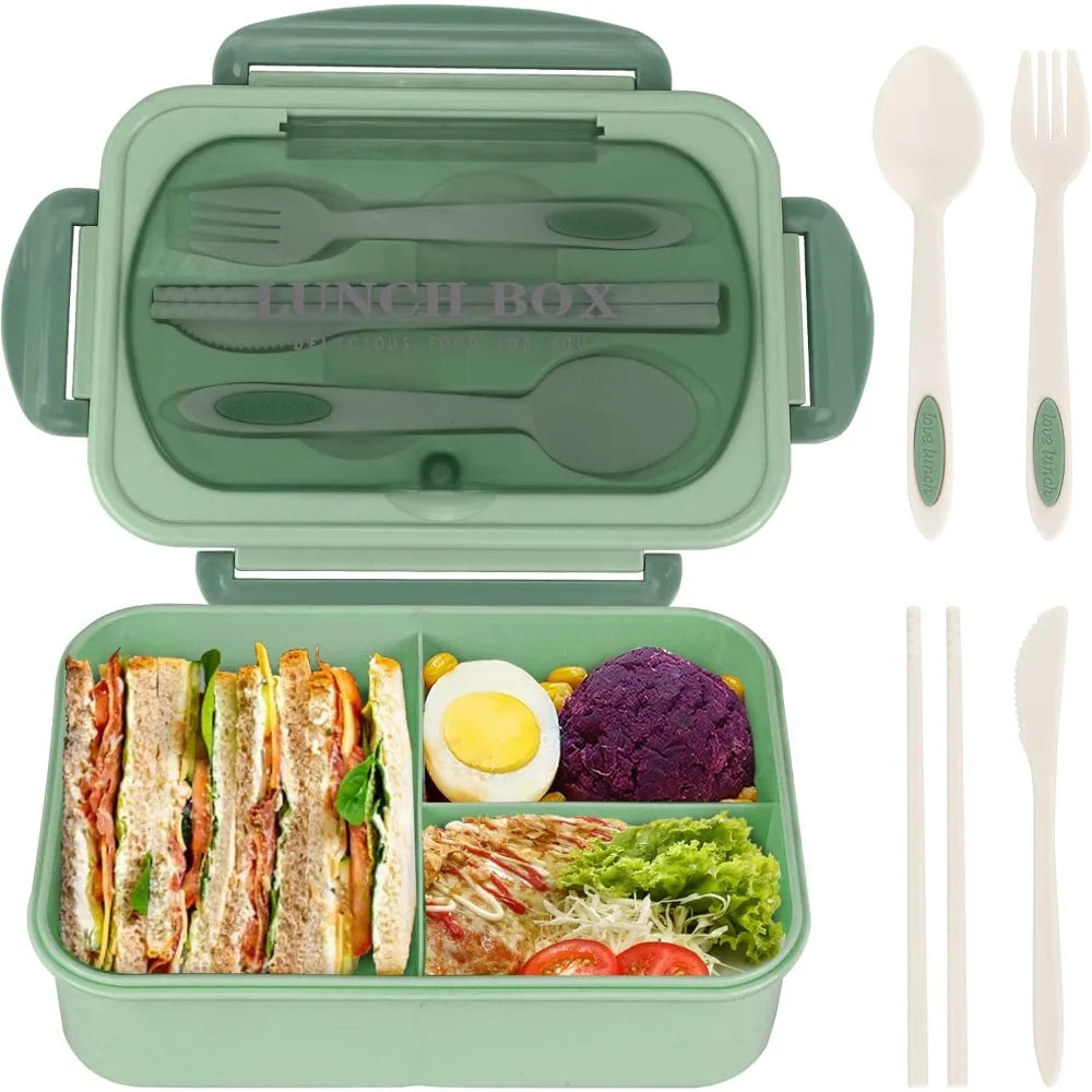 1200ML Bento Lunch Box For Adults Office Picnic, Leak-Resistant Container With Utensils, 3 Sections, Microwave-Safe ﻿