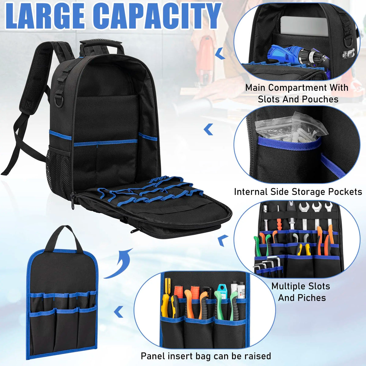 Heavy-Duty Zipper Tool Backpack with Premium YKK Zippers and Reinforced Stress Points.Crafted from Durable 900D Polyester with Padded Back Panel and Ergonomic Shoulder Straps.Internal Organizer Features 10 Tool Pouches and 6