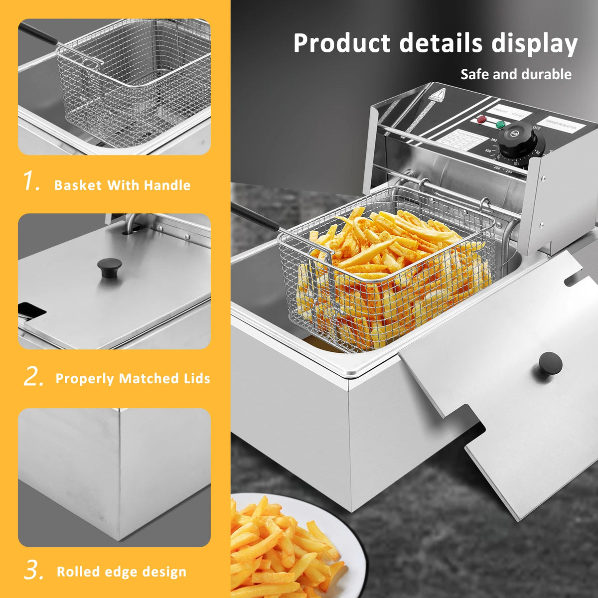 BHB Electric Deep Fryer with Basket for Home Use, Countertop Commercial Deep Fryer 1700w Powerful Performance Stainless Steel Oil Fryer, Temperature Control