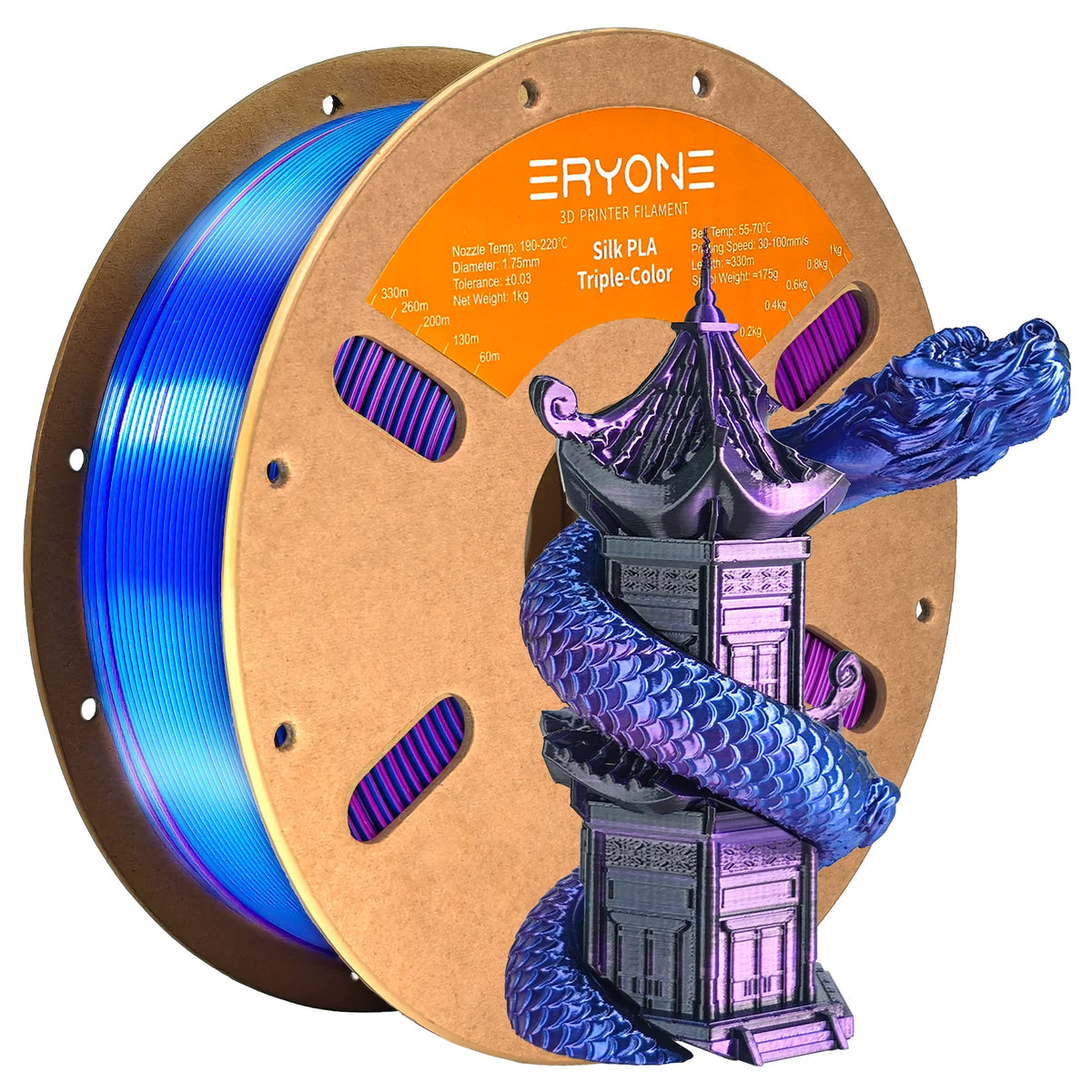 ERYONE 1KG Silk Triple Color Series PLA 3D Printer Filament 1.75mm, Tri-Color Coextrusion Silky Shiny Finish, 1kg Spool