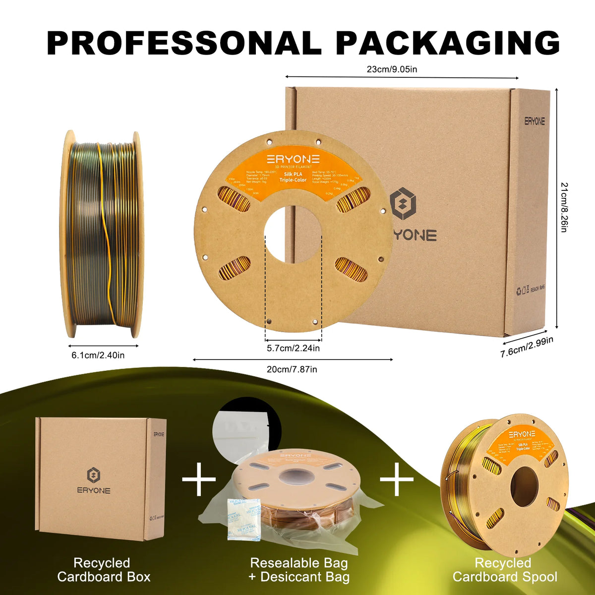 ERYONE 1KG Silk Triple Color Series PLA 3D Printer Filament 1.75mm, Tri-Color Coextrusion Silky Shiny Finish, 1kg Spool