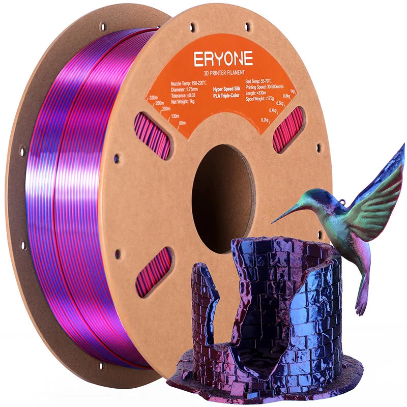 ERYONE 1KG Silk Triple Color Series PLA 3D Printer Filament 1.75mm, Tri-Color Coextrusion Silky Shiny Finish, 1kg Spool