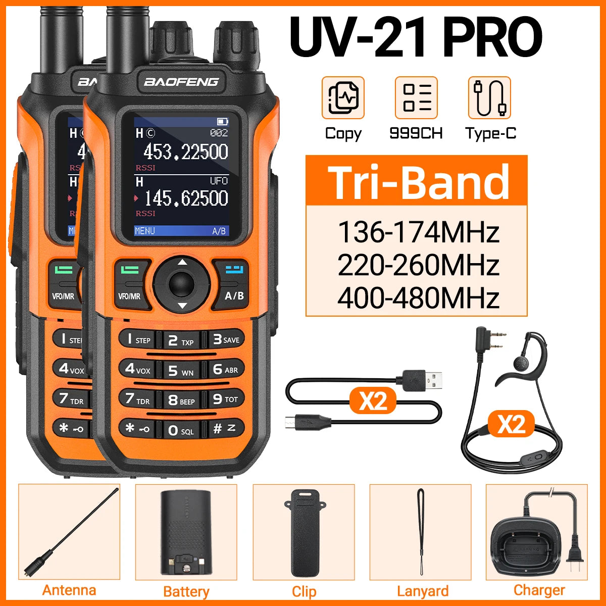 2x Baofeng UV-21 PRO Walkie Talkie Long Range Wireless Copy Frequency Type-C Charger Tri band Powerful Waterproof Two Way Radio