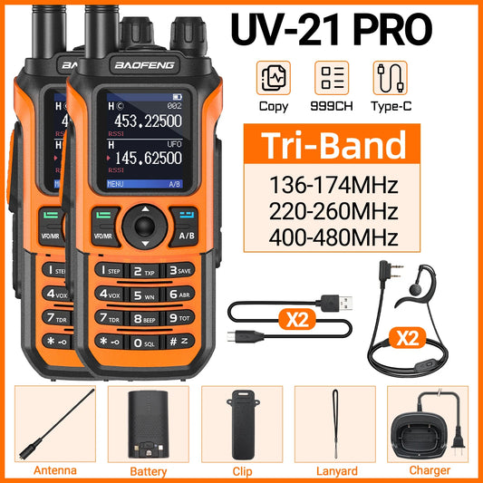 2x Baofeng UV-21 PRO Walkie Talkie Long Range Wireless Copy Frequency Type-C Charger Tri band Powerful Waterproof Two Way Radio