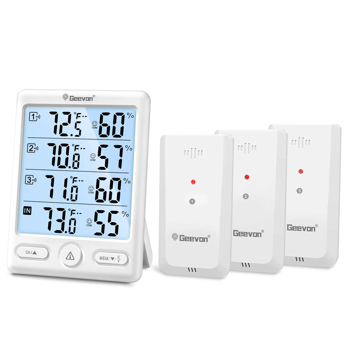 Geevon Indoor Outdoor Thermometer Wireless 3 Remote Sensors, 5-Inch Display Digital Hygrometer Thermometer Temperature Humidity
