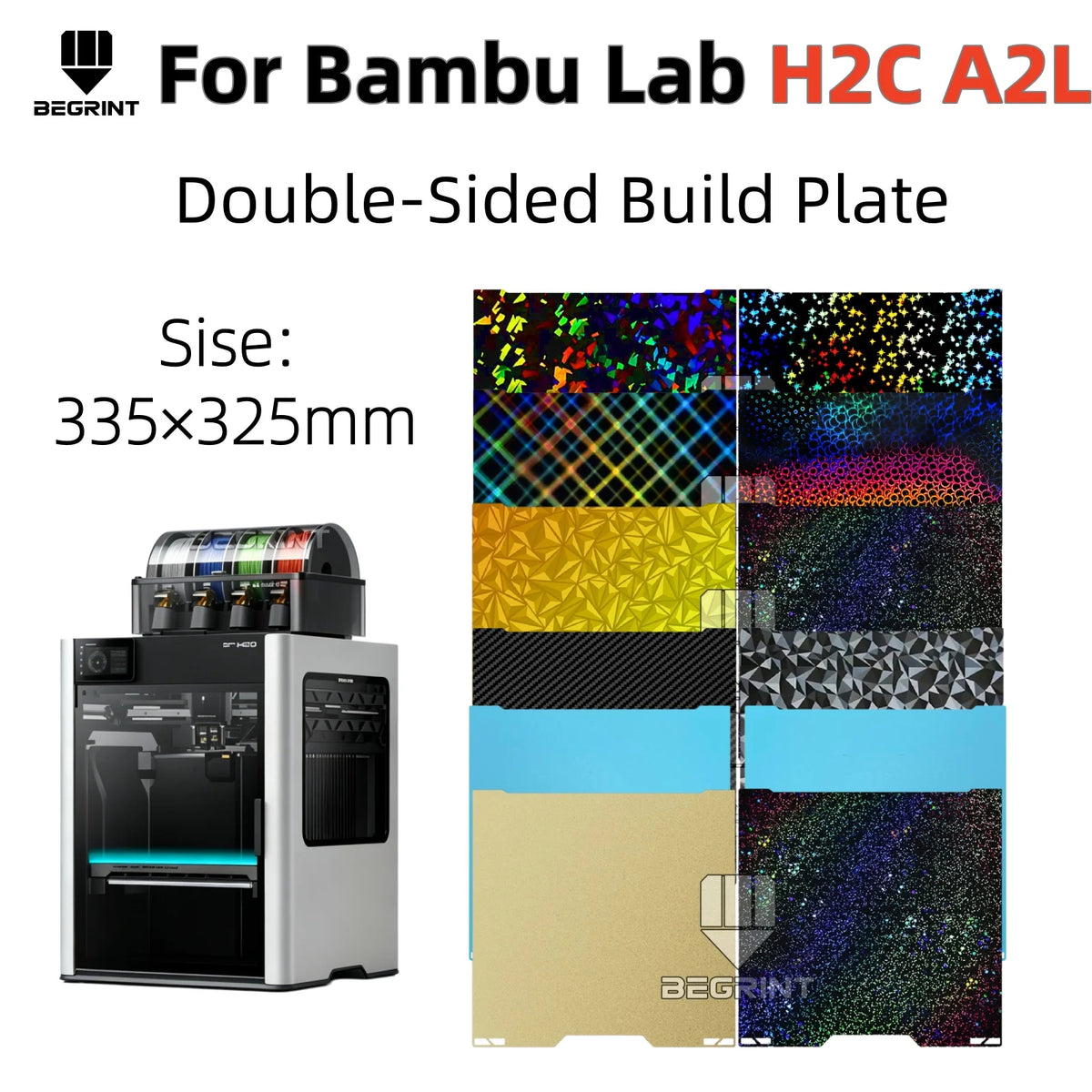 For Bambu Lab H2C A2L Build Plate Double Sided Textured PEI Spring Steel Hot Bed 335×325mm for Bambulab H2C A2L 3D Printer Parts