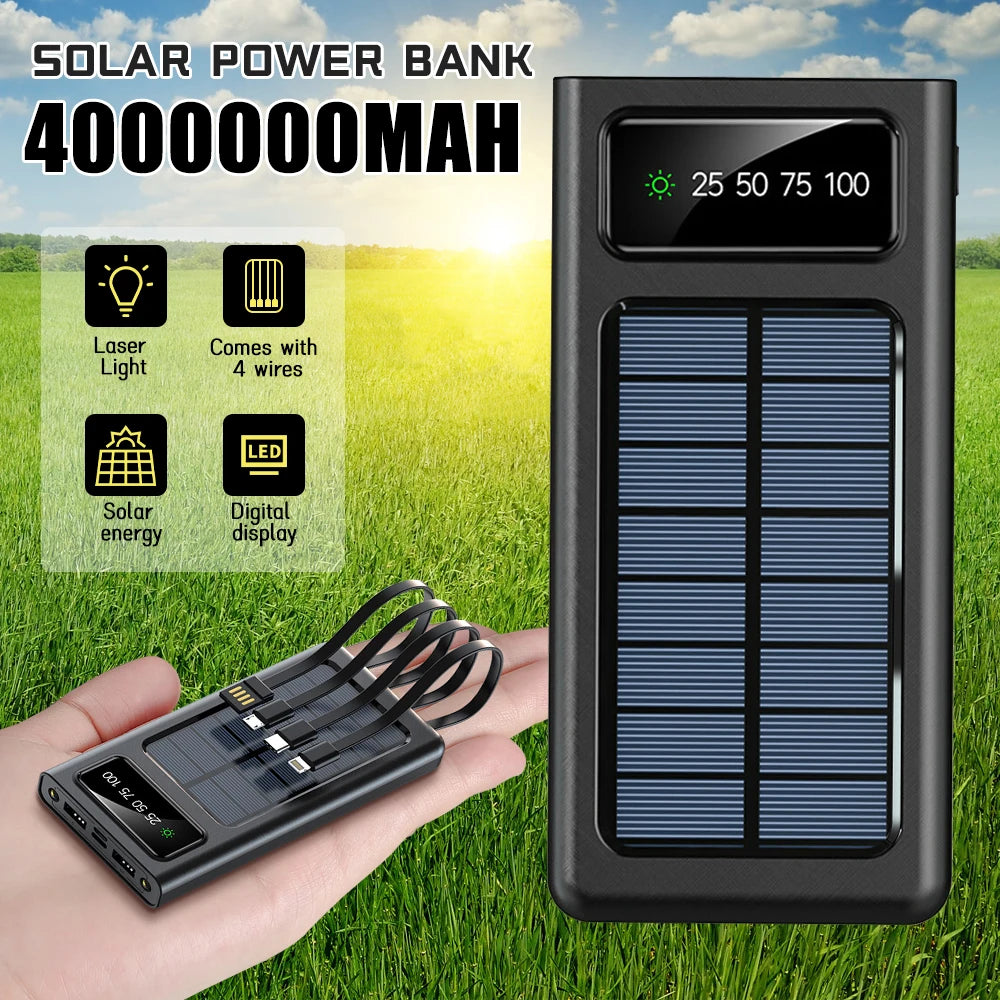 Solar Charger Power Bank Portable External Battery Waterproof USB Built In 3 Charging Cables Dual LED Flashlight Digital Display Multi Port Outdoor Camping Travel Emergency Phone Charger
